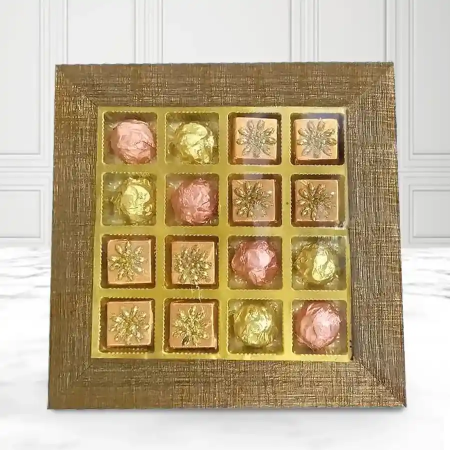 Festive Diwali Chocolate Gift Wooden Tray featuring 16 dark chocolates arranged beautifully on a handcrafted wooden tray