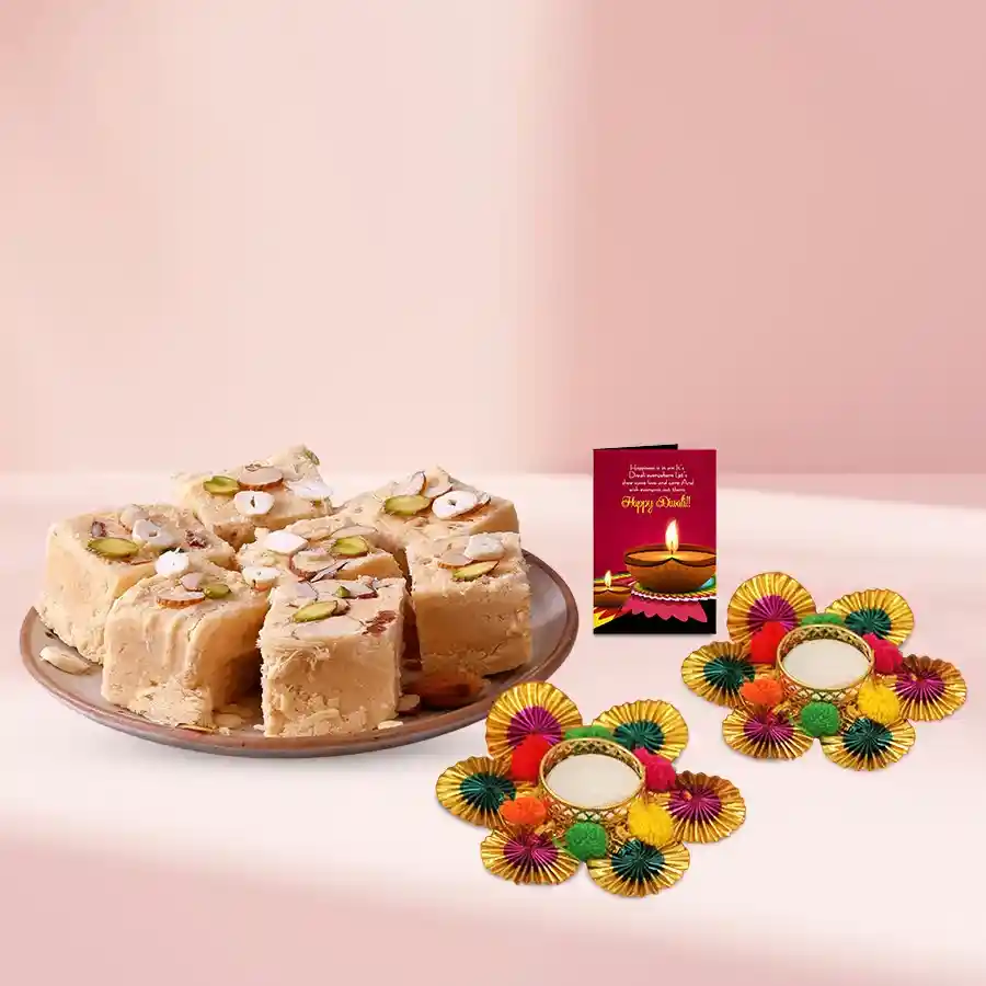 Imperial Diwali Gift Hamper featuring Soan Papdi, Zardosi Diyas, and a Diwali Wishing Card