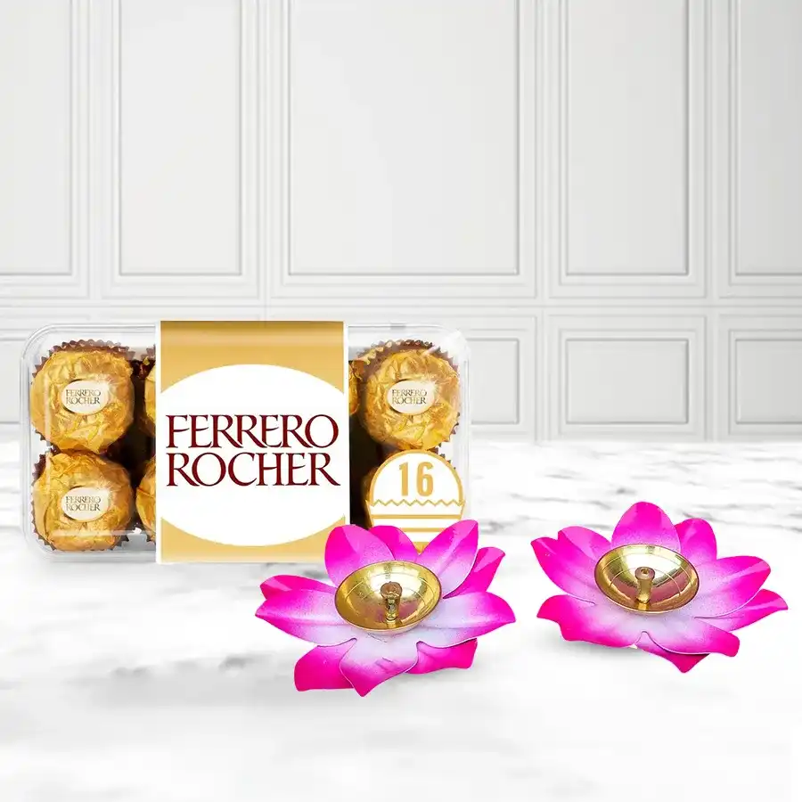 Royal N Tasteful Diwali Gift Box featuring Ferrero Rocher chocolates, elegant flowery diyas, and a Diwali wishing card.