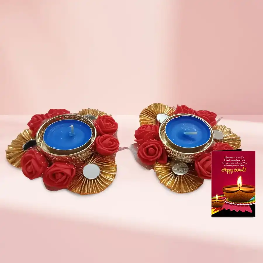 Eye-catching set of Zardosi diyas with intricate embroidery, displayed alongside a Diwali wishing card.