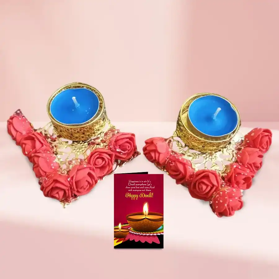 Beautiful Deepavali Flowery Diya Set with floral designs, warm light, and a Diwali wishing card