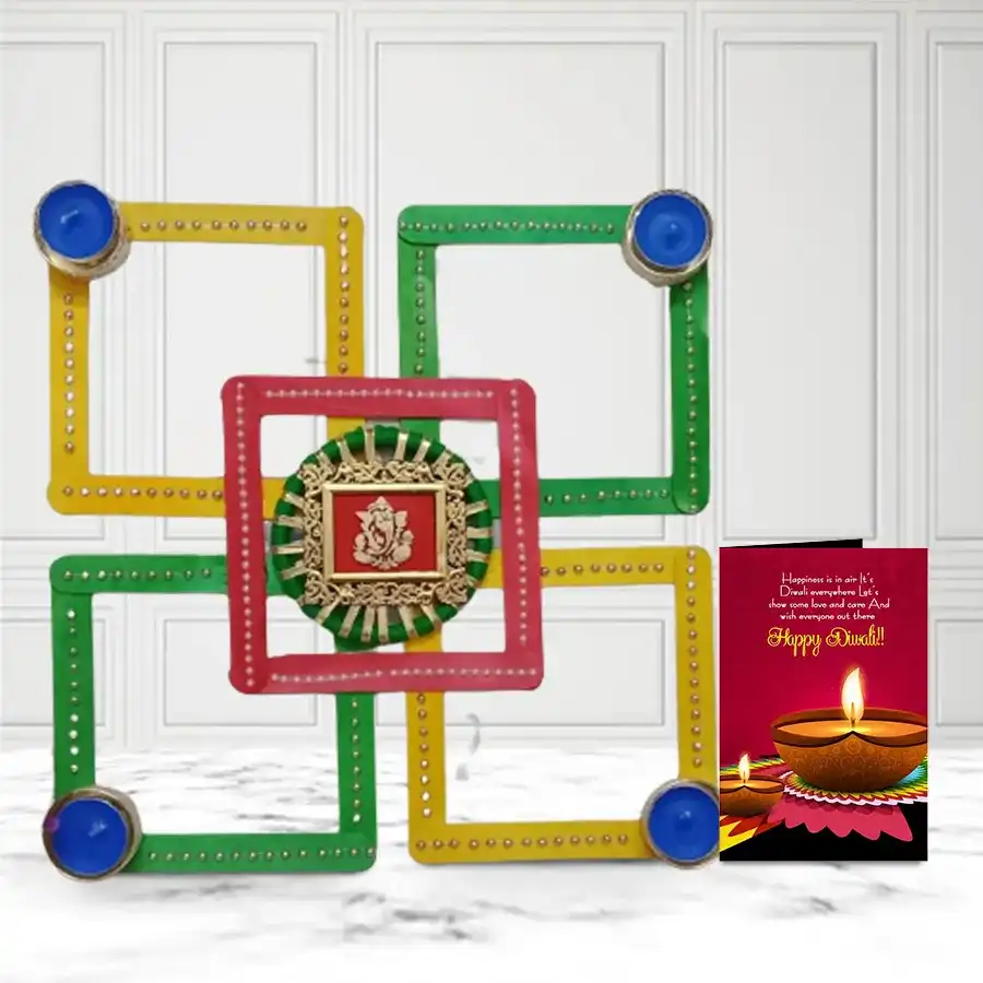 Designer Candle Diya and Rangoli set with vibrant colors for Diwali celebration