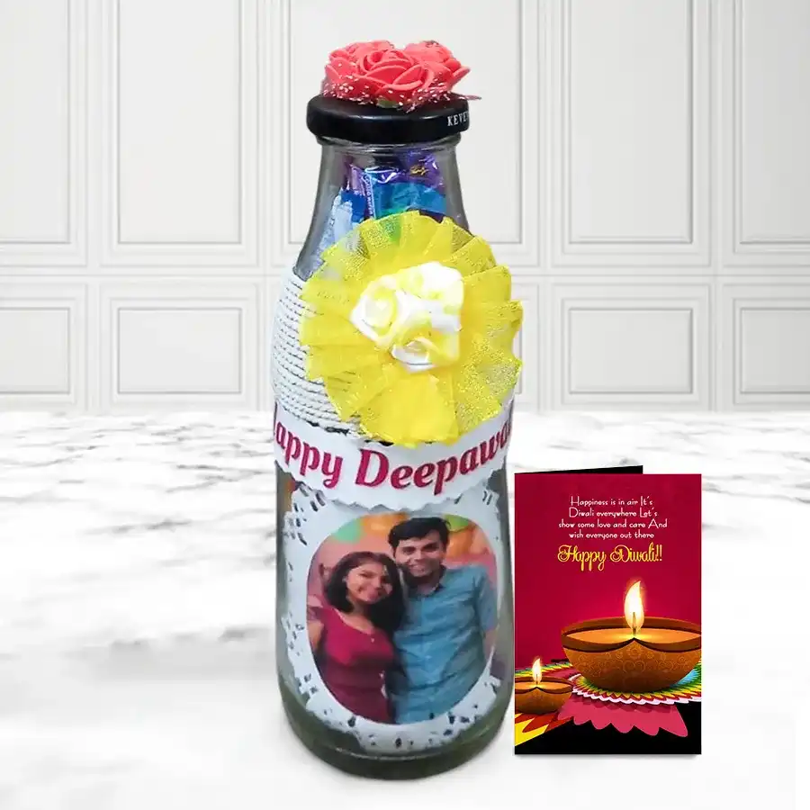 Personalized Diwali Wishes Lighting Bottle Lamp with chocolates and a greeting card
