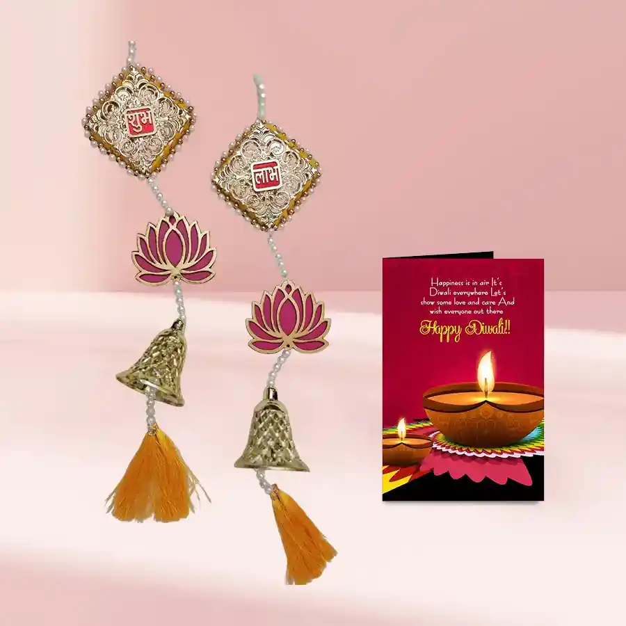 Beautiful handmade Diwali Shubh Labh Toran set decorating a doorway with vibrant colors and traditional designs.