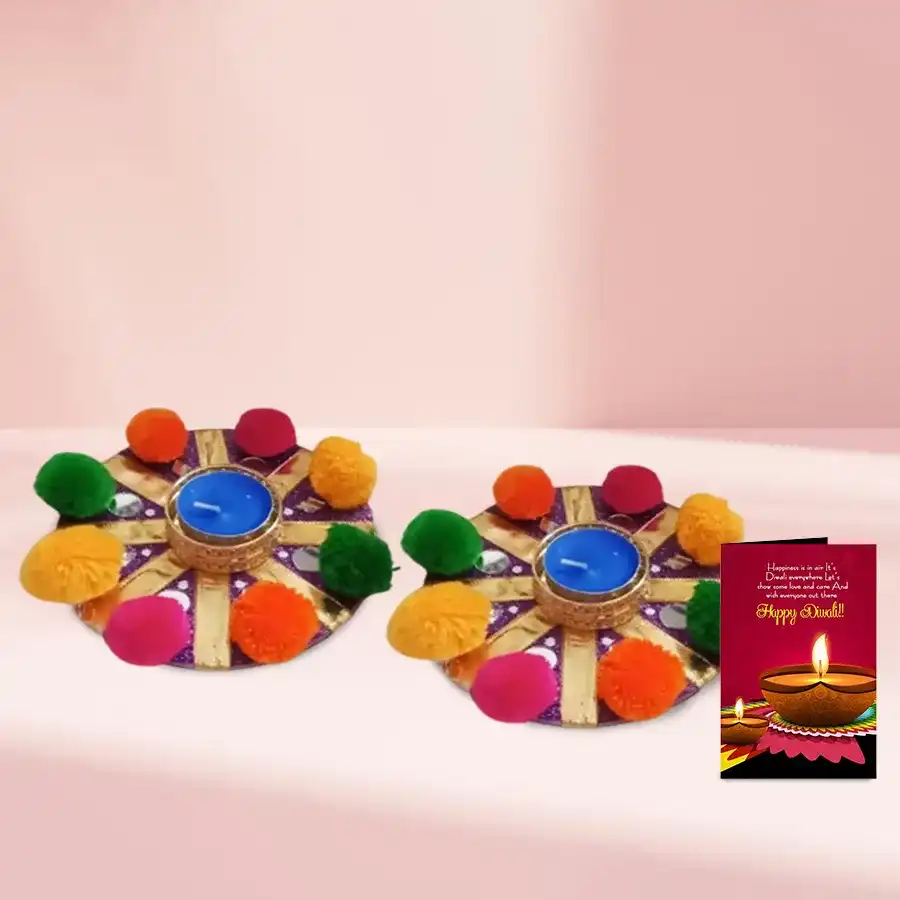 Designer Pom-pom Diya Set with vibrant pom-pom accents displayed on a festive background