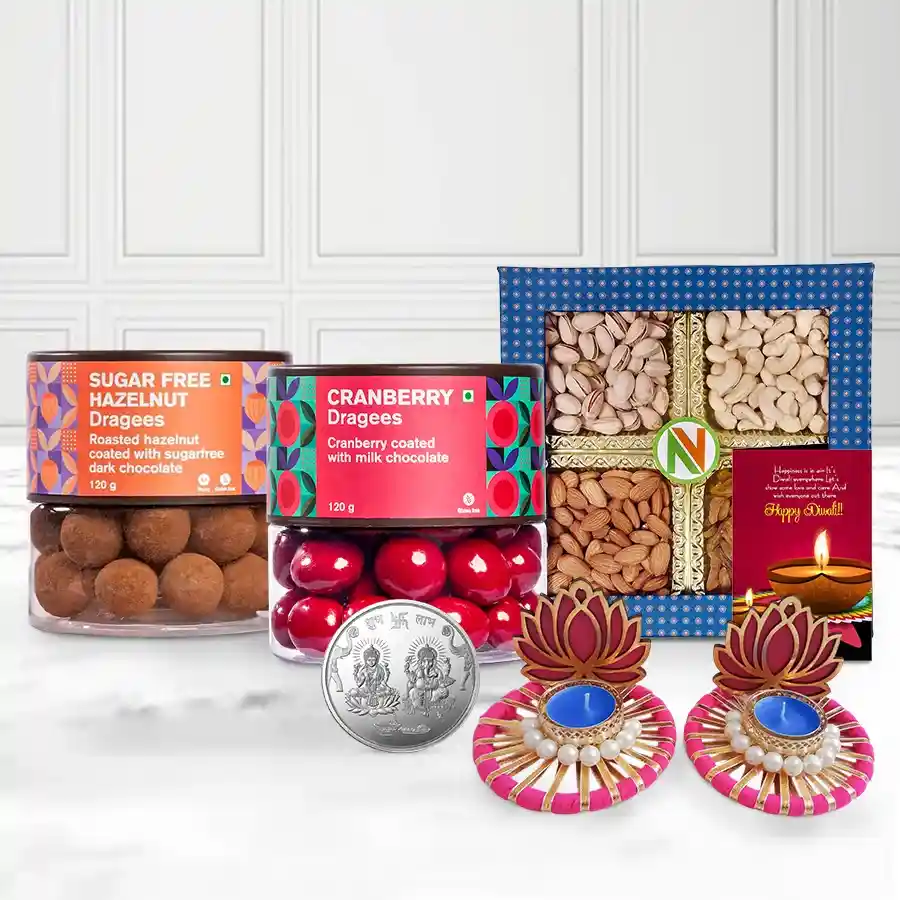 Assorted Dry Fruits and Sugar-Free Dragee Gift Basket with Diyas and Ganesh & Laxmi Coins