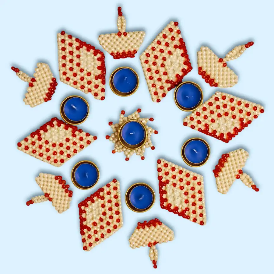 Suave Pearl Beads Rangoli and Wax Diya Decor set of 20 pieces with red and white pearl beads and tea light candles