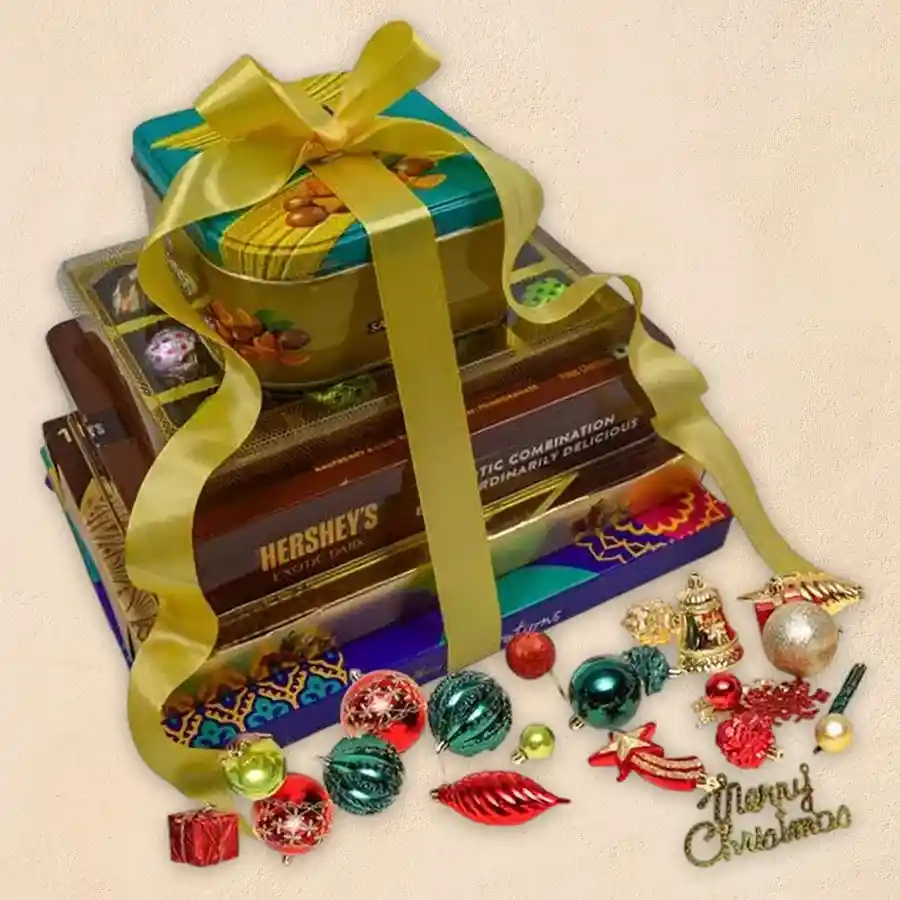 Wholesome 5-Tier Chocolate Tower with Christmas accessories and decorations
