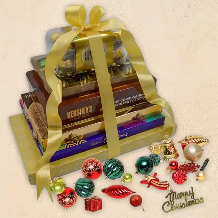 Ecstatic Chocolate Tower with assorted chocolates and festive decorations for Christmas gift-giving