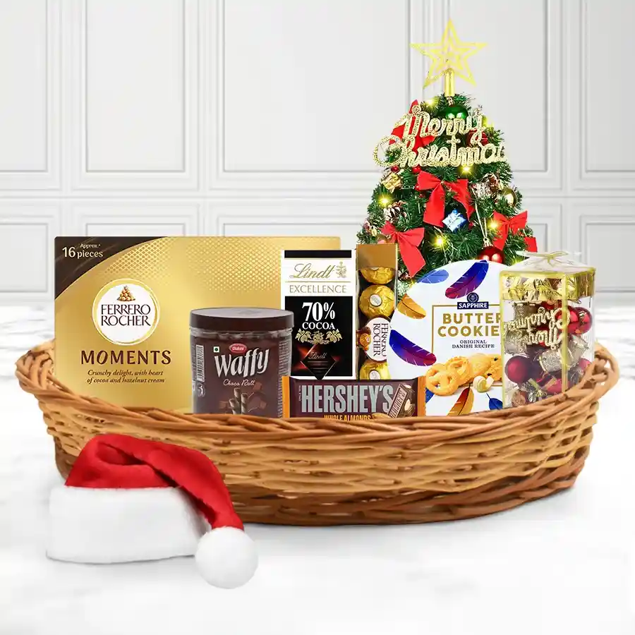 Mixed Bag Choco Fusion Christmas Hamper filled with chocolates, wafers, cookies, and festive decorations in a reusable gift basket.