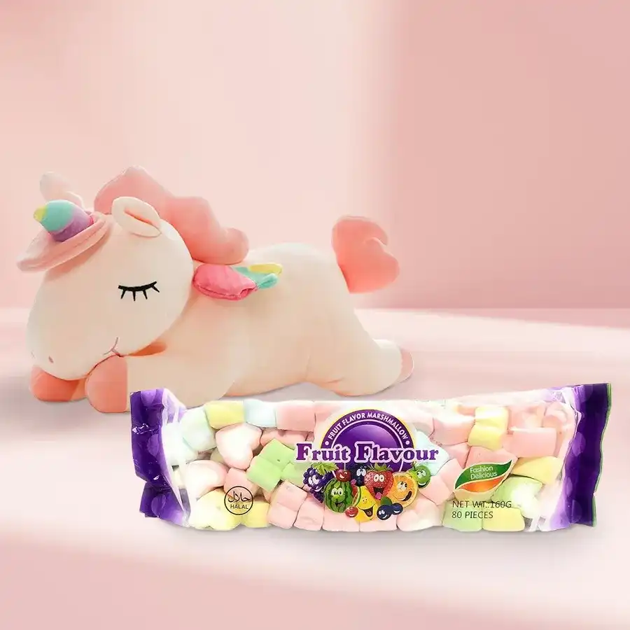 Joyful Unicorn Soft Toy and Flavored Marshmallow Duo set with colorful packaging.