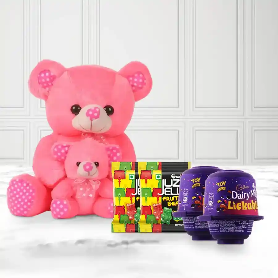 Alluring twin teddy bear set with chocolate gift combo including soft mother and baby bears and assorted chocolates.