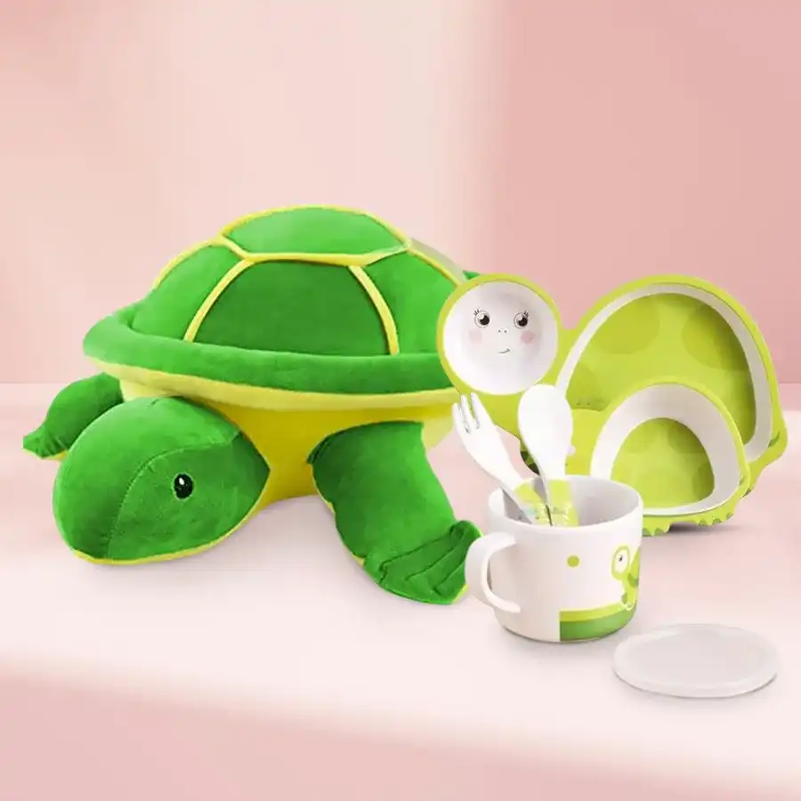 Wonderful Twin Turtle Gift Set featuring two plush turtle toys and a bamboo dinner set for kids