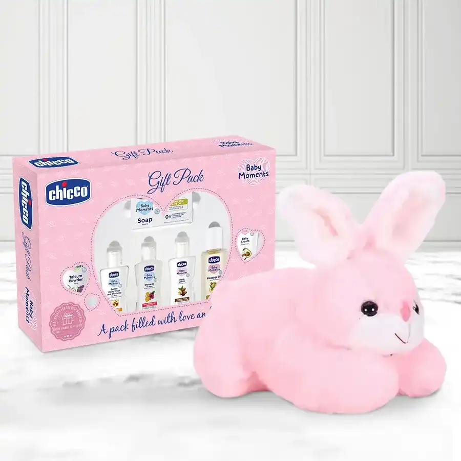 Kids Special Rabbit Stuffed Toy with Chicco Baby Care Gift Set, featuring a 36cm pink rabbit and essential baby care items.
