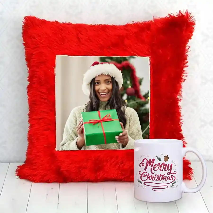 Trendy customized pillow and mug combo for Christmas featuring a personalized design