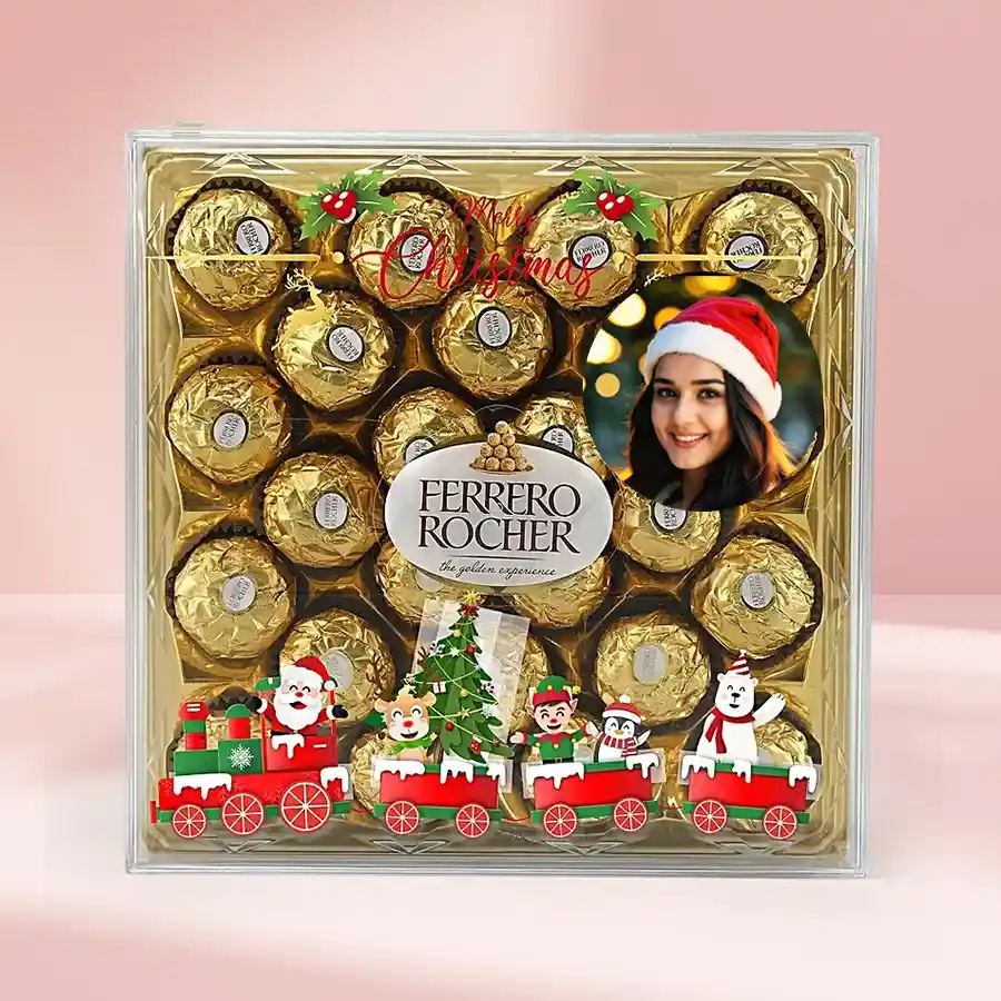 Personalized Ferrero Rocher chocolate box with 24 pieces, decorated for Christmas in a festive setting.