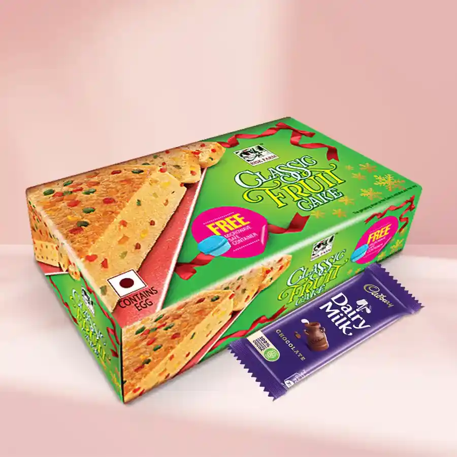 Personalized Christmas wrap featuring Cadbury Dairy Milk bars and a fruit cake, decorated with festive elements.