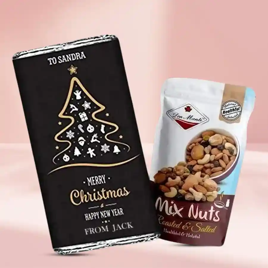 Mixed Nuts Magic & Merry X-Mas Personalized Choco gift set featuring a Cadbury Temptation Bar and a Mixed Nuts Pack, beautifully arranged for holiday celebrations.