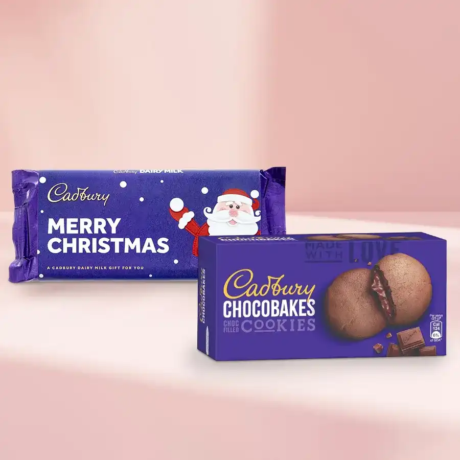 Drooling Personalized Christmas Wish Cadbury Pair featuring a custom Cadbury Dairy Milk Silk Chocolate Bar and Cadbury Chocobakes Chocofilled Cookies decorated with festive elements.