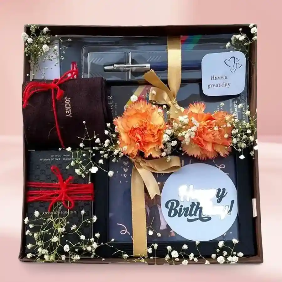 Marvelous Birthday Goodies Gift Box for Men featuring Black EDT Perfume, Parker Ball Point Pen, Jockey Socks, and a Photo Frame