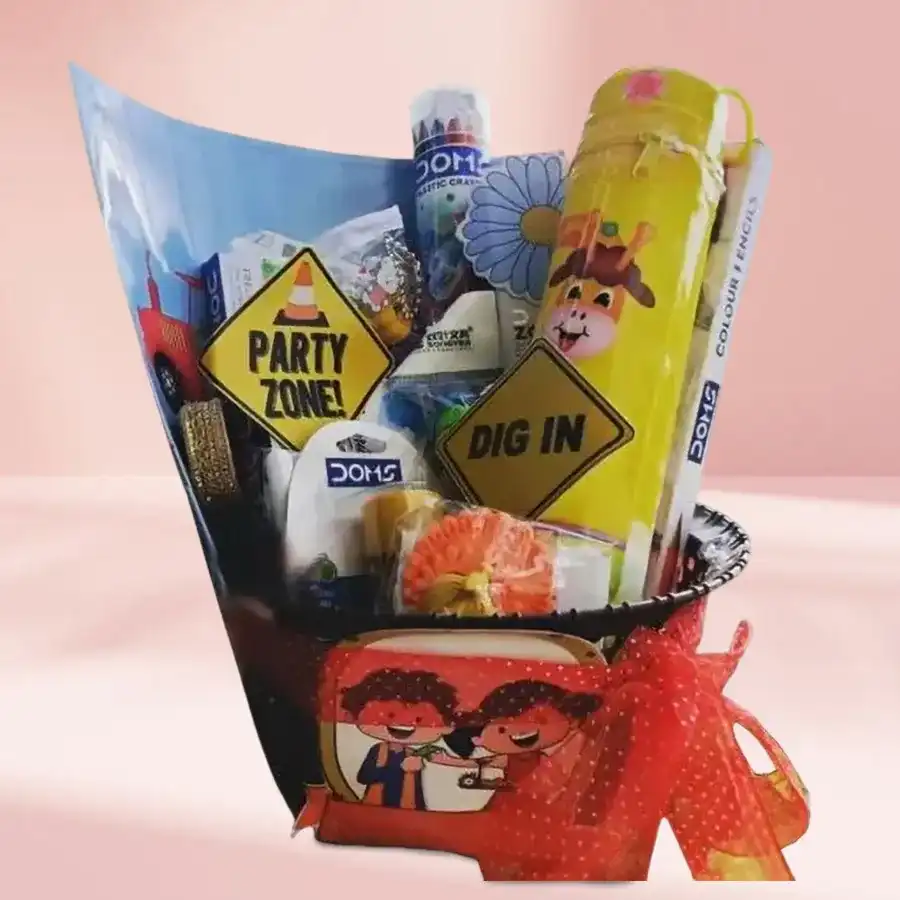 Remarkable Doms Painting Kit with assorted art supplies including crayons, color sticks, eraser-sharpener, synthetic color sets, pencil holder pouch, coloring book, popit, stickons, and a plastic basket.
