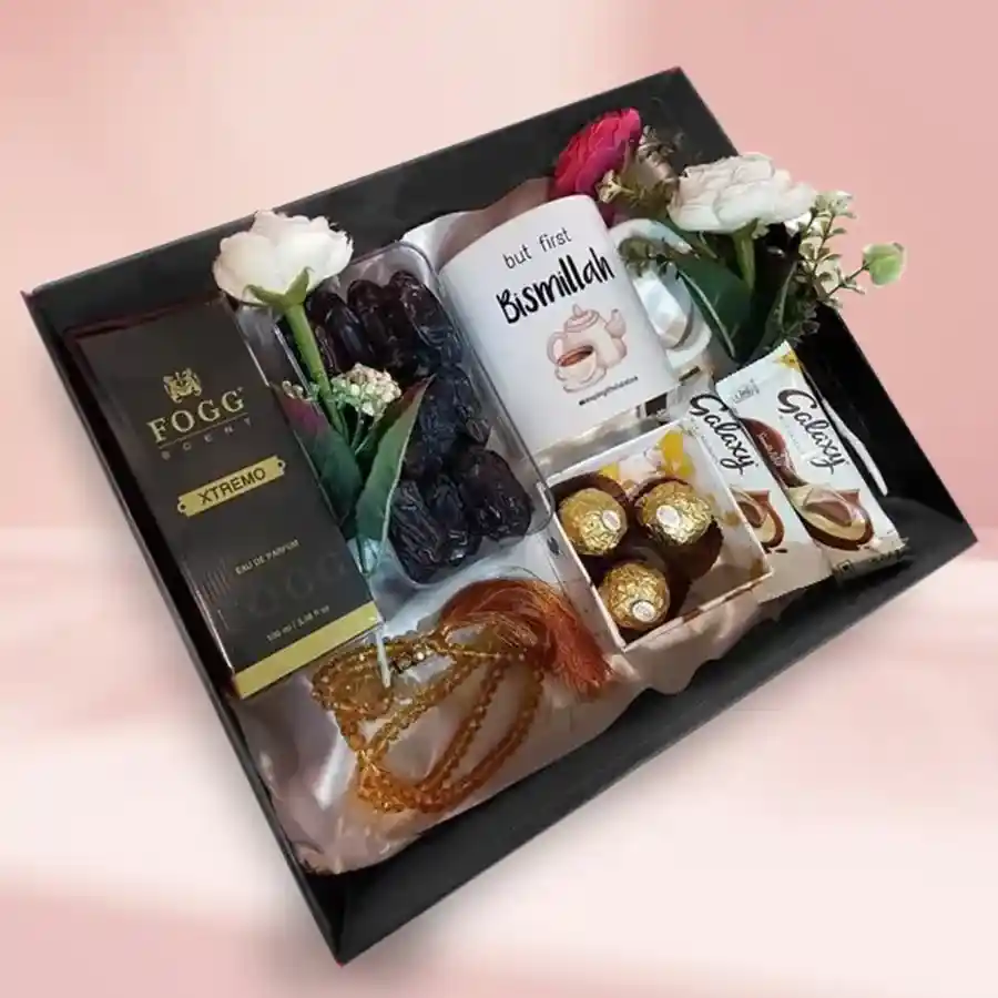 Eid Special Gift Tray featuring perfume, chocolates, dates, mug, prayer beads in a stylish gift box