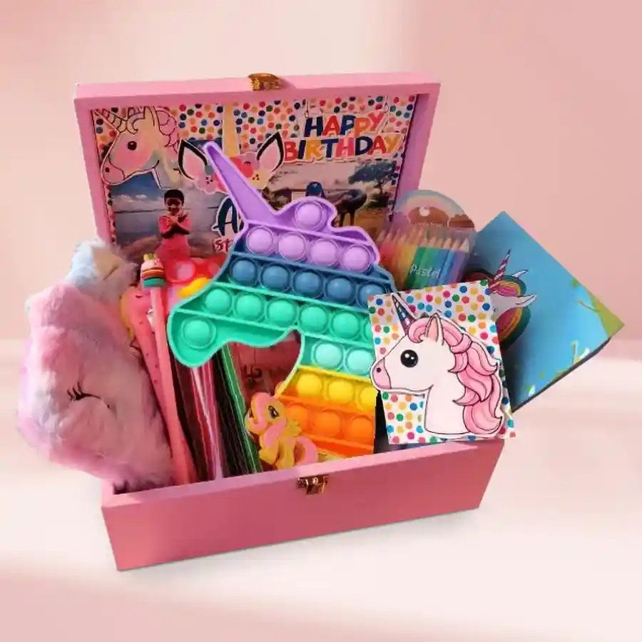 Marvelous Coloring Kit featuring Unicorn Assortments, including a Unicorn Popit, eye mask, pencil sets, eraser, crayons, unicorn card, assorted chocolates, and a pink chest box.