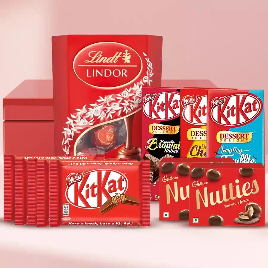 Specially Assorted V-Day Chocolate Hamper with Lindt Lindor, Cadbury Nutties, Nestle Dessert Delight, and Kit Kats in a red gift box