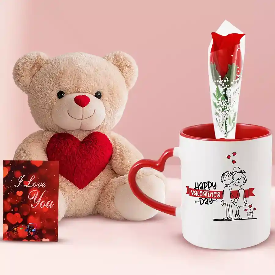 Heartfelt V-Day Love Hamper for Her featuring a teddy bear, coffee mug, single red rose, and "I Love You" card