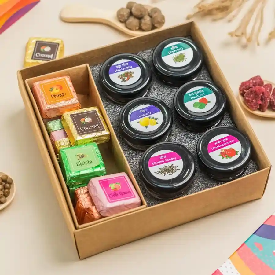 Delectable Chocolates and Assorted Mukhwas Gift Pack showcasing a variety of flavors and handcrafted treats.