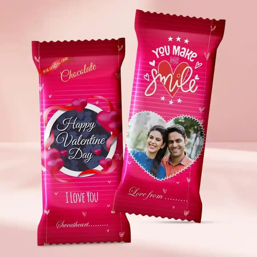 Customized chocolate wraps featuring two Cadbury Dairy Milk Fruit & Nut bars with personalized photo designs for Valentine's Day.