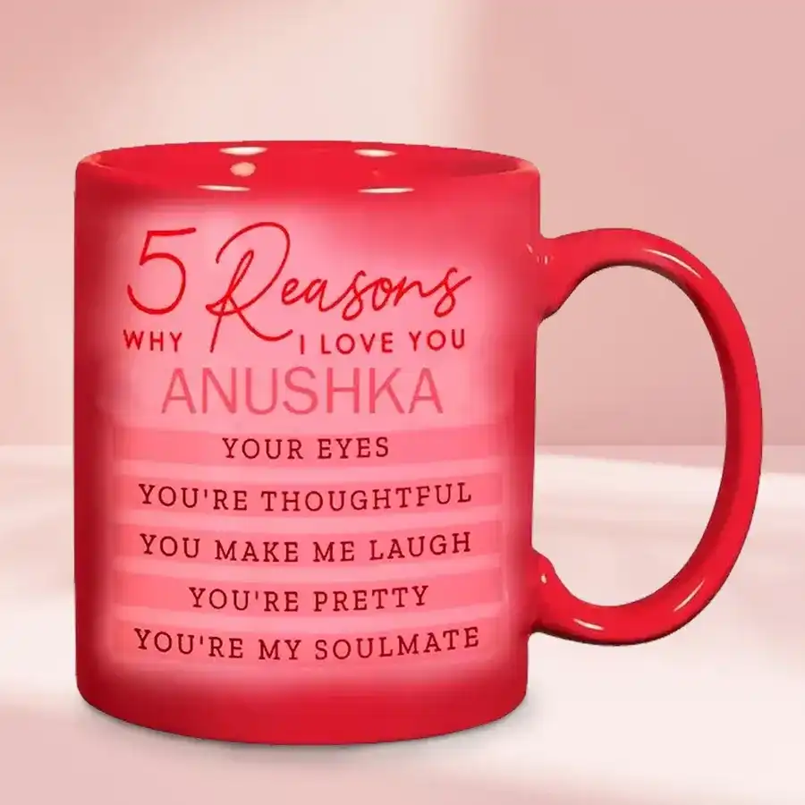 Customized coffee mug featuring the phrase "5 Reasons to Love You" with a heart design, ready for personalization.