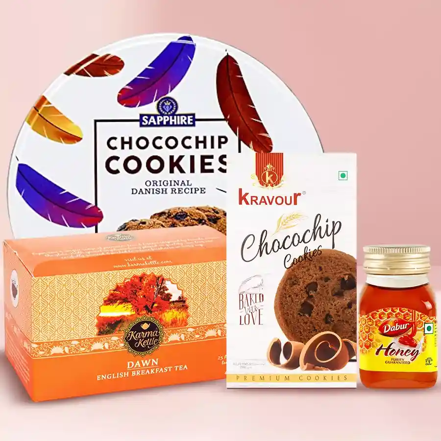 Marvelous Tea Hamper of Wellness with tea, cookies, and honey arranged beautifully