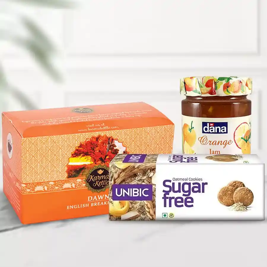 Healthy Dawn Tea hamper including Karma Kettle Dawn Tea, Unibic Sugar-Free Oat Meal Biscuits, and Dana Jam