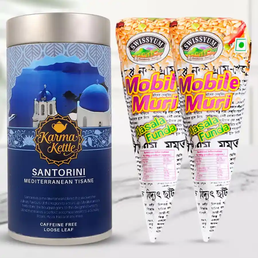 Delightful Santorini Tea and Puffed Rice Combo featuring a 75g tea package and two cones of flavored puffed rice in a charming hamper