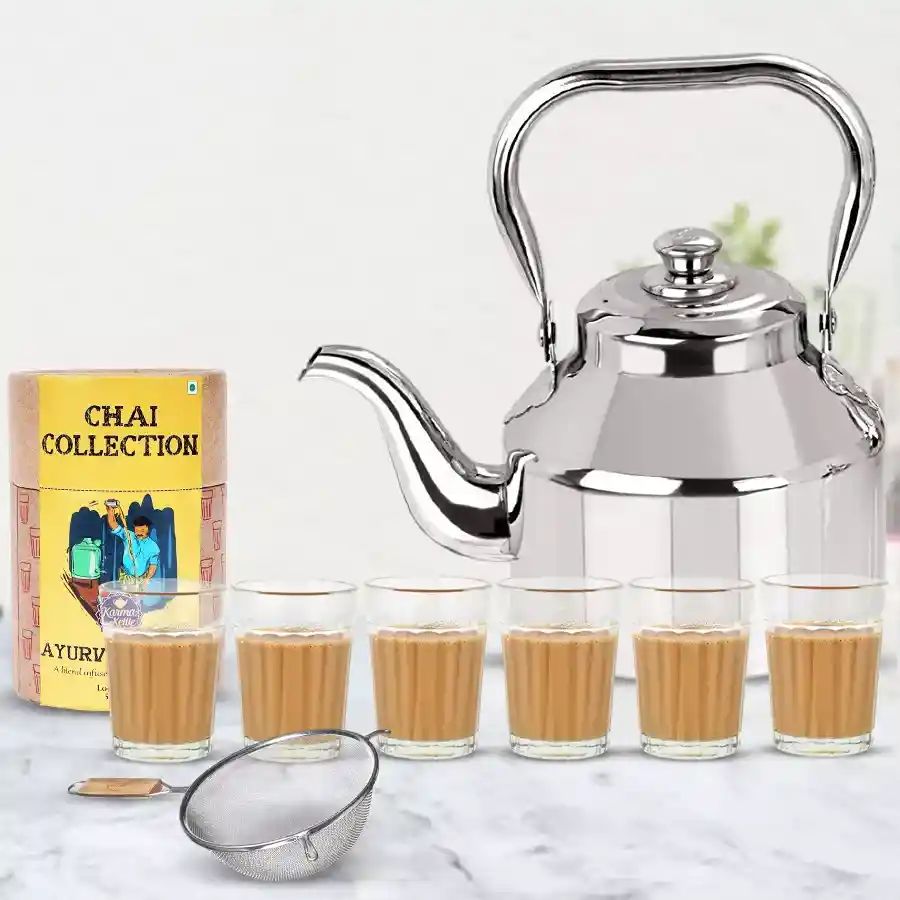 Ayurvedic tea set including stainless steel kettle, six tea glasses, strainer, and 50g tea package