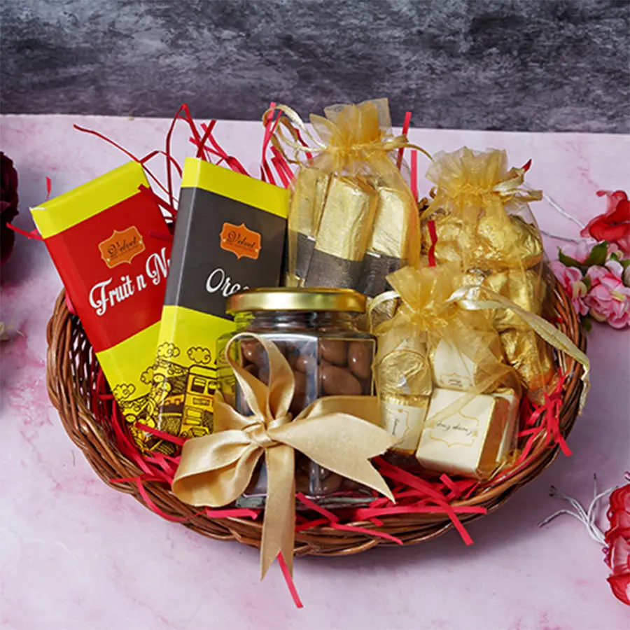 Chocolates Blast Mother's Day Hamper featuring various chocolate treats including bars, assorted chocolates, logs, almond rocks, and chocolate-coated raisins