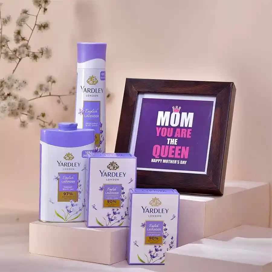 Moms Special Fragrant Gift Hamper featuring a photo frame, body spray, beauty talc, and lavender soaps