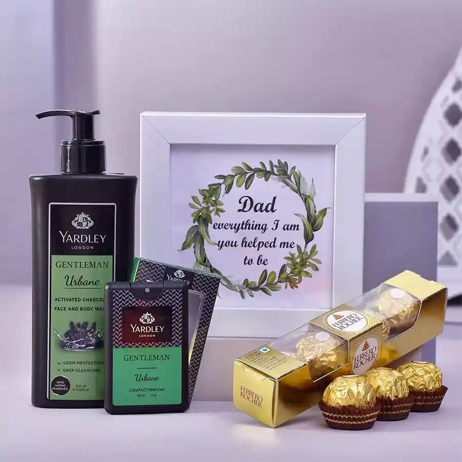 Gratitude Hamper for Dad featuring a Dad Appreciation Frame, Ferrero Rocher chocolates, Yardley London Gentleman Urbane Activated Charcoal Face & Body Wash, and Yardley Compact Perfume.