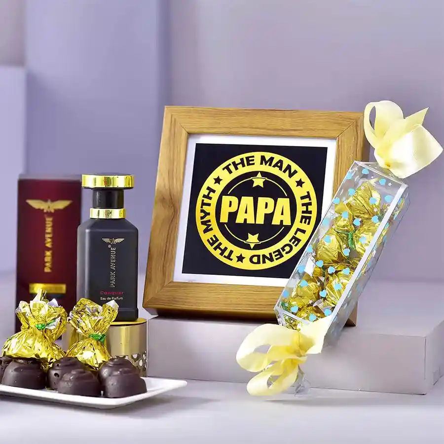 Legend Dad Special Hamper featuring a trophy frame, fragrance, and handmade chocolates