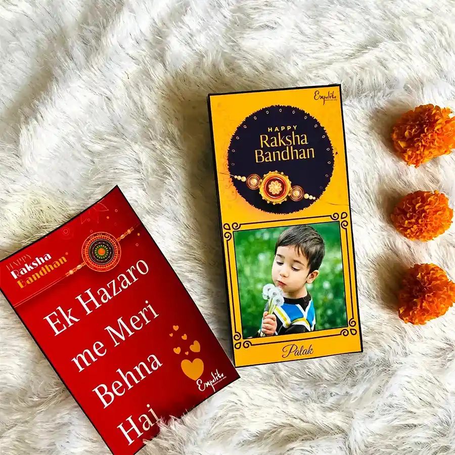Personalized chocolate and Rakhi card hamper for sister with a customized box featuring her name, photo, and festive design