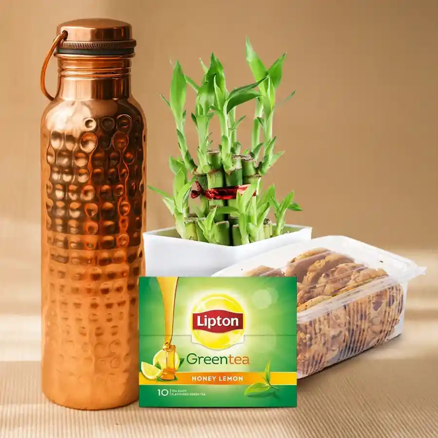 Rejuvenating Gift Set for Retirement featuring a Hammered Copper Bottle, 2-Tier Bamboo Plant, Dry Fruit Cookies Pack, and Green Tea Diffuser with tea bags