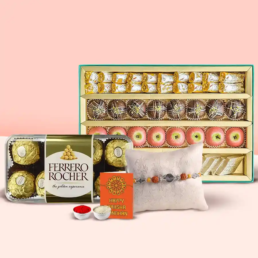 Gift box containing 16 Ferrero Rocher chocolates, 250g of assorted Haldiram sweets, and a Rakhi