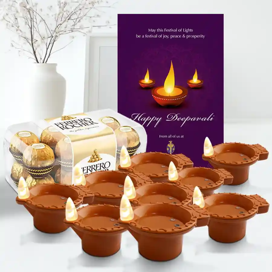 Choco Glow Gala Diwali Sparkle Hamper with Ferrero Rocher chocolates, LED diyas, and a Happy Diwali card