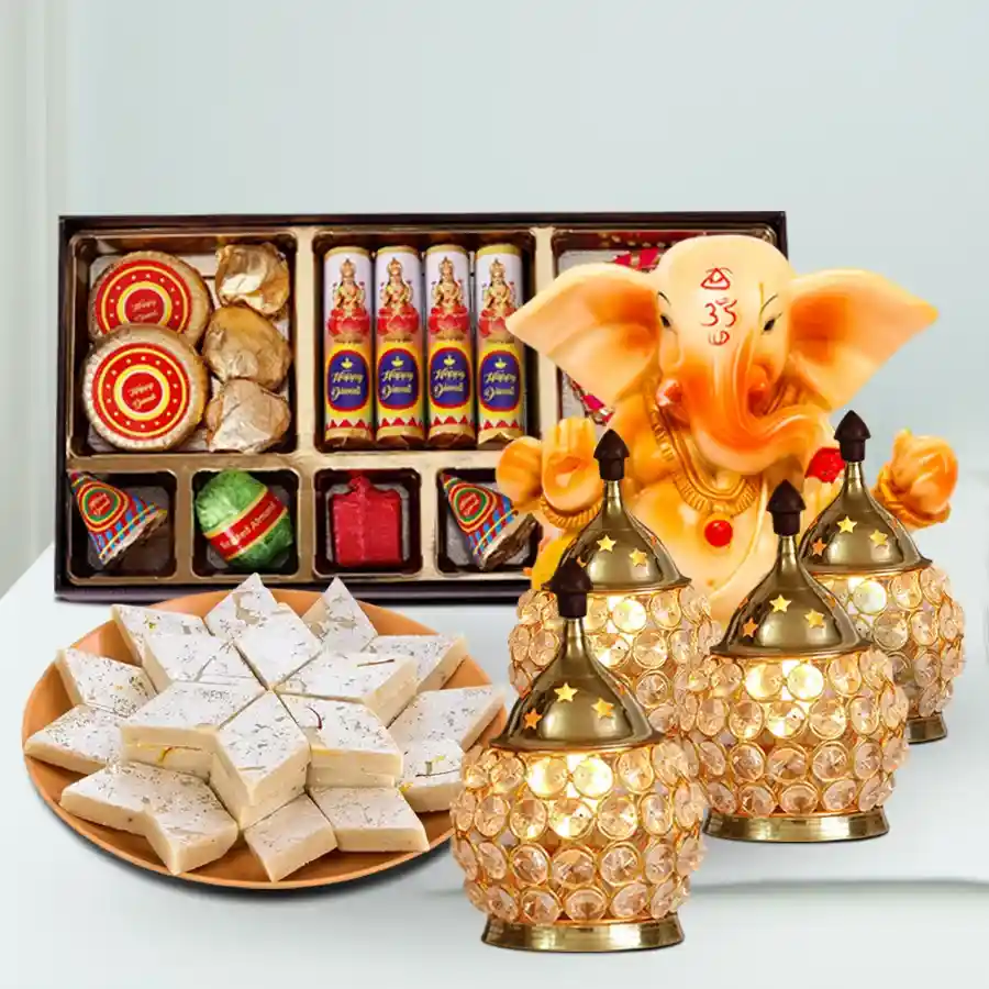 Prosperous Diwali Bliss Gift Hamper featuring a Ganesh idol, Kaju Katli, handmade chocolates, and crystal LED lights