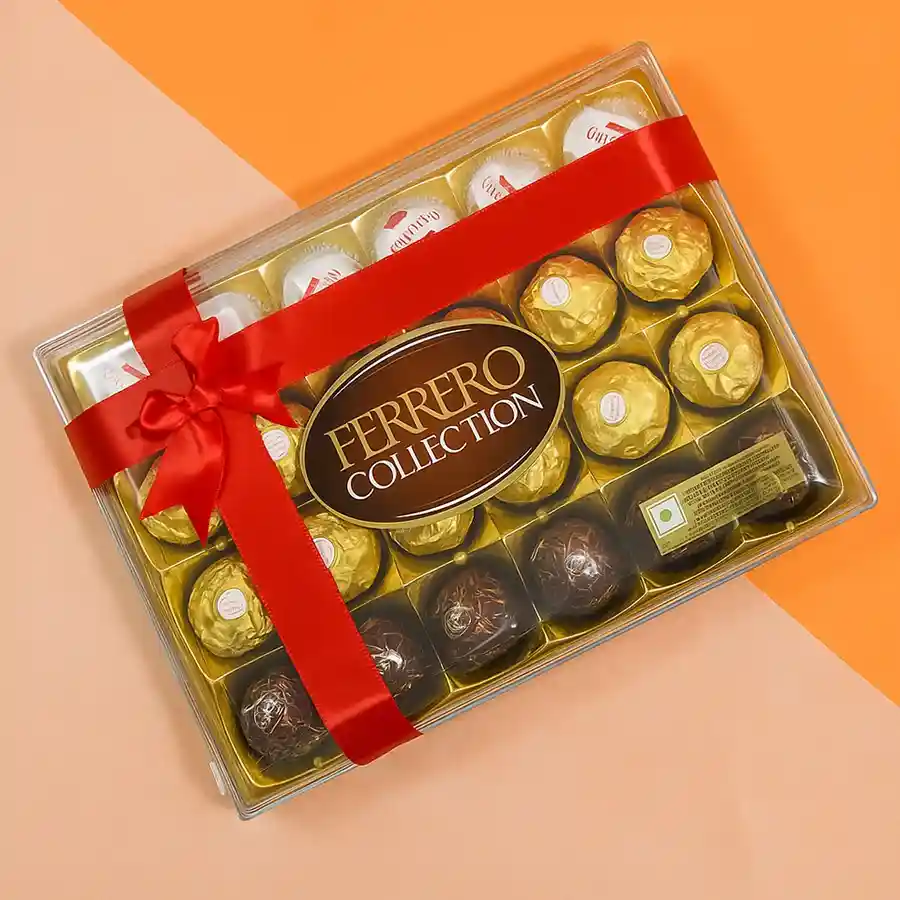 Irresistible Ferrero Gift Hamper with 24 assorted chocolates including Ferrero Rocher, Ferrero Rondnoir, and Ferrero Raffaello, elegantly presented for Diwali celebrations.