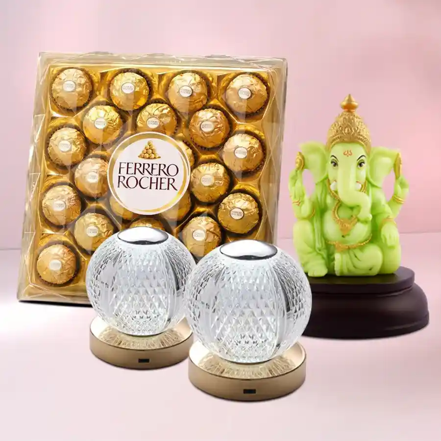 Glowing Festive Bliss Hamper featuring a designer Ganesh idol, Ferrero Rocher chocolates, and crystal LED lights arranged beautifully for Diwali celebrations.