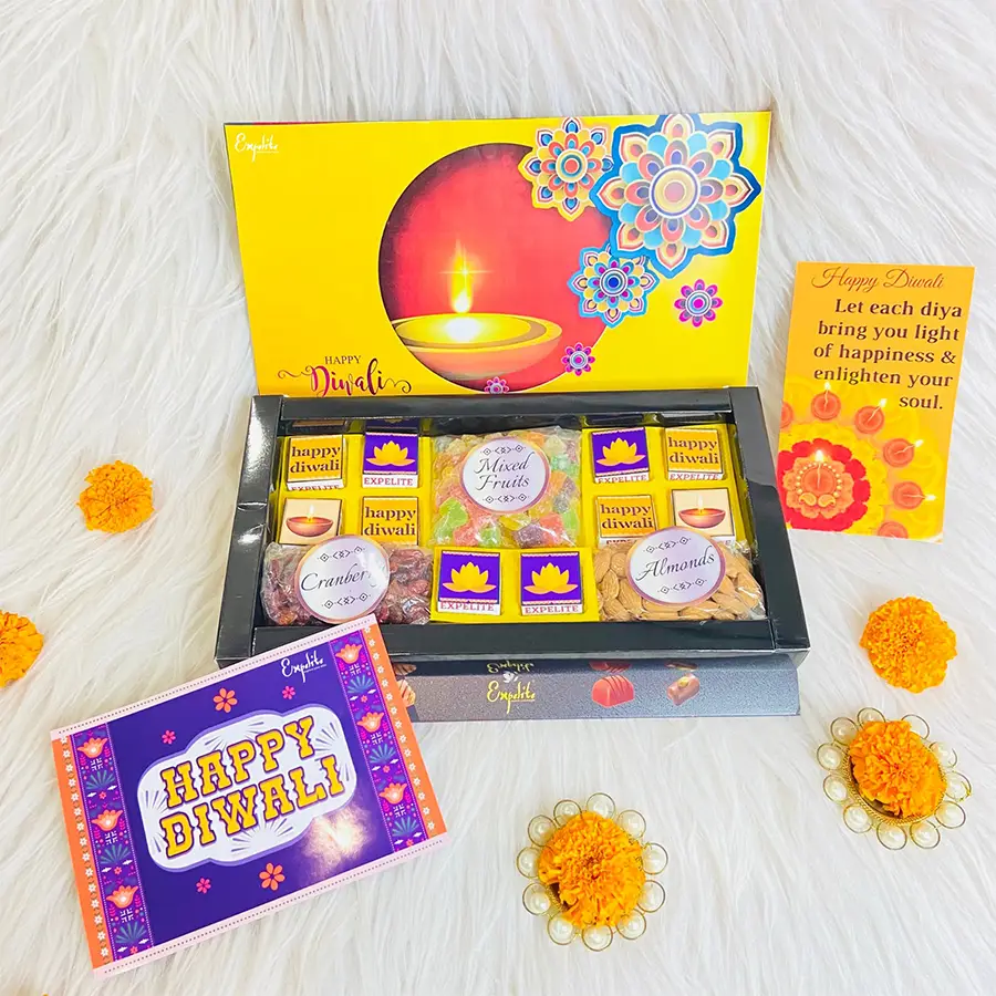 Festive Theme Assorted Chocolate Box with handcrafted chocolates and Diwali-themed card