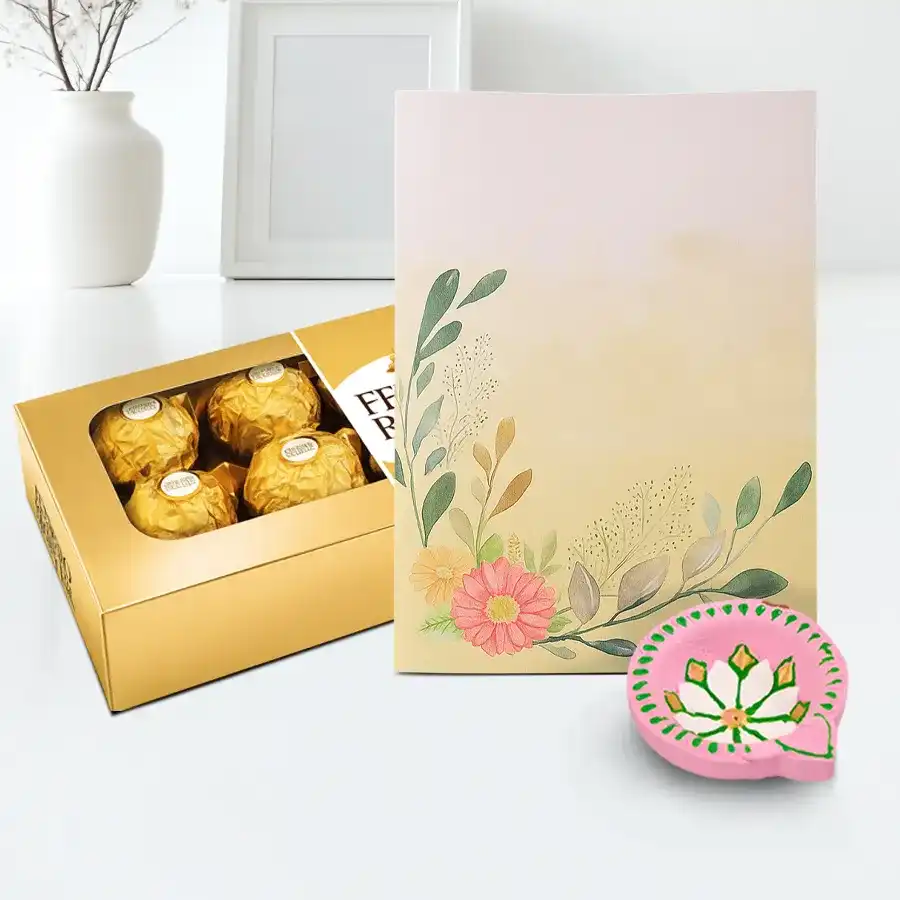 Ferrero Rocher Diwali Joy hamper featuring a Diya, an 8-piece pack of Ferrero Rocher chocolates, and a personalized message card.