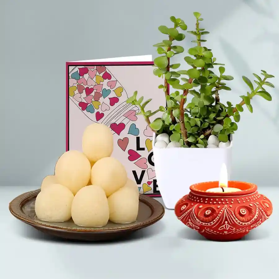 Green Diwali gift hamper featuring a Diya, a pack of Bhikaram Chandmal Rasgulla, and a Jade Plant in a stylish pot